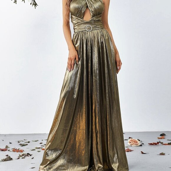 Bronze Women's Cross Wrap Front Backless Metallic Halter Wide Leg Jumpsuit - Picture 4 of 6